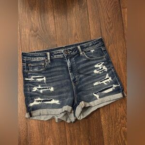American Eagle Outfitters Dark Blue Distressed Rolled Hem Shorts Super Stretch